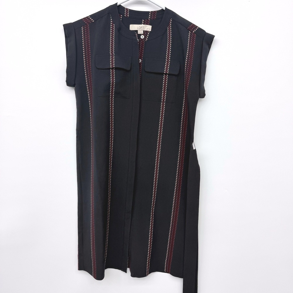 LOFT Shirt Dress Women XXSP Black Striped Short Sleeve Belted Pocketed Mini